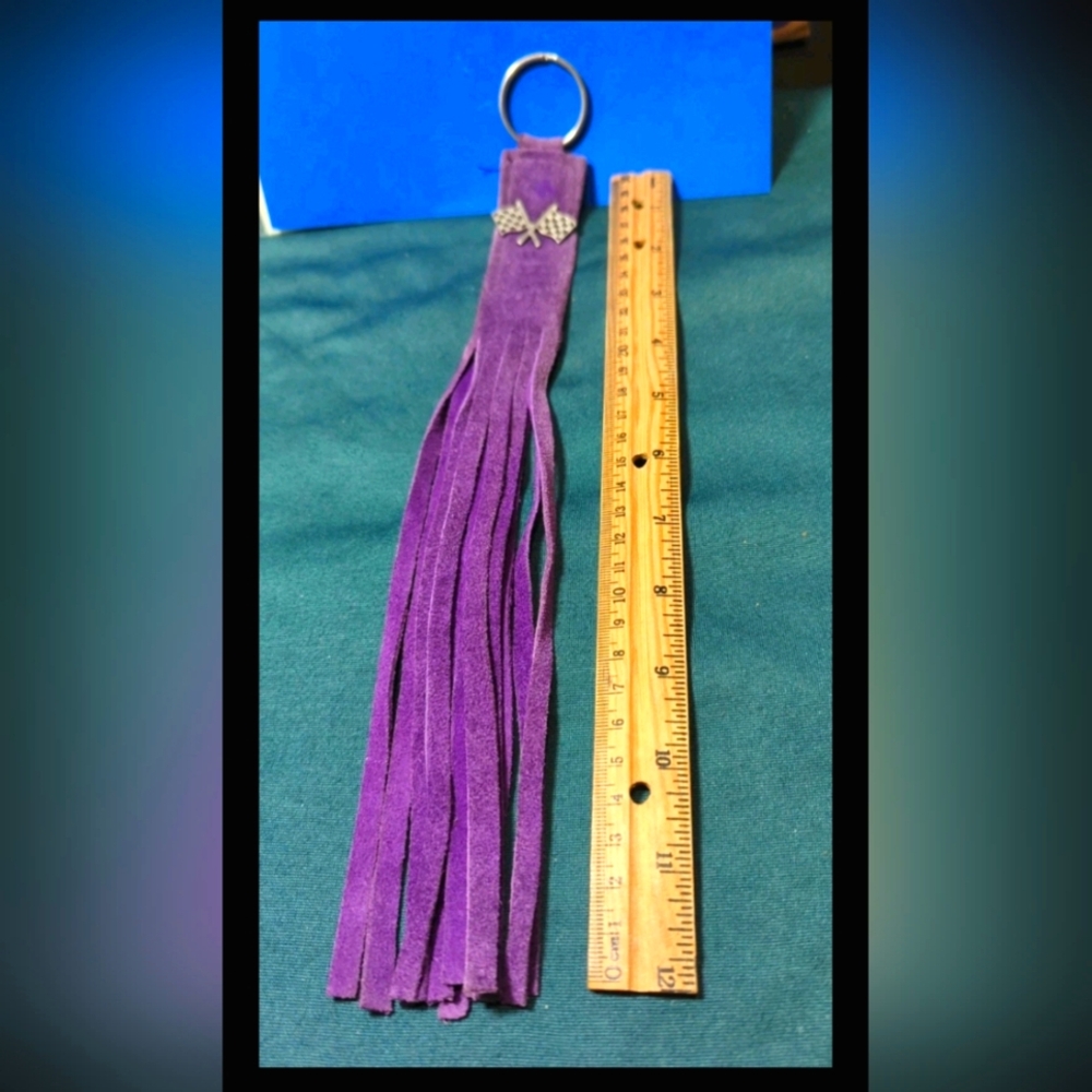 Vintage Long Purple Fringe Suede Leather Key  Ring RACING 🏁 Flags Emblem 13"